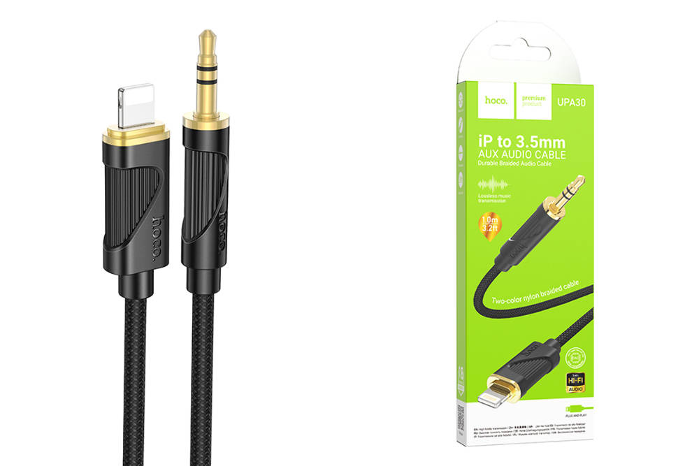 Кабель HOCO UPA30, Friend Iphone (Lightning) штекер - Jack 3.5 штекер, нейлон, 1м, черный