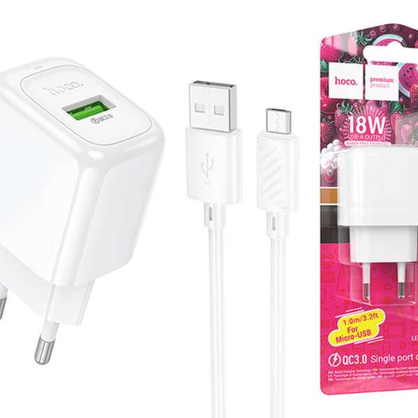 СЗУ HOCO CS52A Surplus 1хUSB, 3А, QC3.0, кабель MicroUSB, блистер, белый