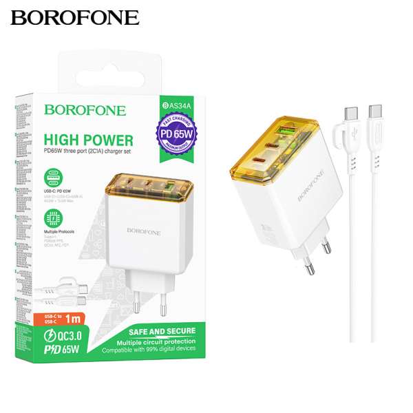 СЗУ Borofone BAS34A Treasure 1хUSB+2хTYPE-C, 3А, PD65 кабель Type-C - Type C, коробка, белый