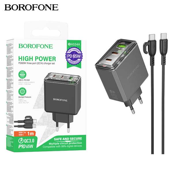 СЗУ Borofone BAS34A Treasure 1хUSB+2хTYPE-C, 3А, PD65 кабель Type-C - Type C, коробка, черный