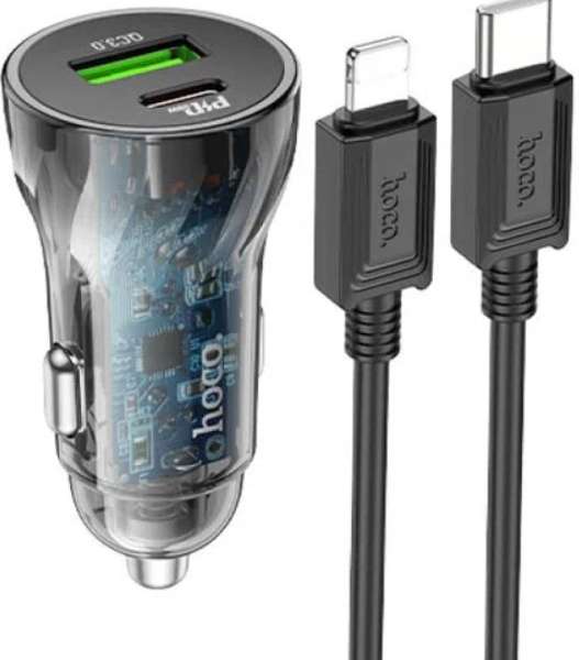 Автомобильное зарядное устройство HOCO Z47A + кабель Type-C-Iphone5 12/24В 1хUSB+1xType-C, черный 