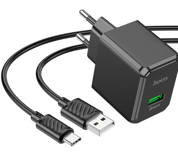 СЗУ HOCO CS12A Ocean 1хUSB, 3А, QC3.0, кабель MicroUSB, блистер, черный