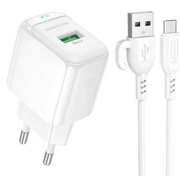 СЗУ Borofone BAS42A 1хUSB, 3А, QC3.0, кабель MicroUSB, блистер, белый