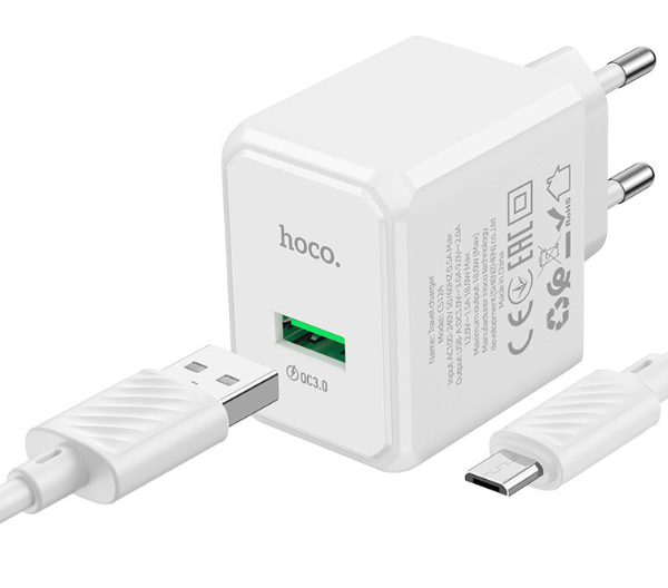СЗУ HOCO CS12A Ocean 1хUSB, 3А, QC3.0, кабель MicroUSB, блистер, белый
