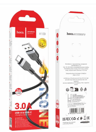 Кабель Type-C - IPhone 5 (Lightning) HOCO X109 длина 2м, ток до 3А, PD27Вт, огнестойкий черный
