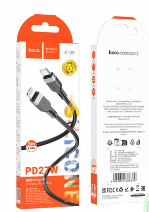 Кабель Type-C - IPhone 5 (Lightning) HOCO X109 длина 3м, ток до 3А, PD27Вт, огнестойкий черный