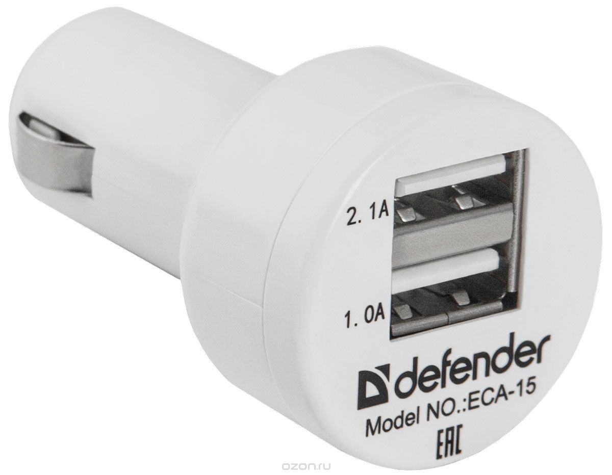 Автомобильное зарядное устройство Defender ECA-15 12/24В 2хUSB, Выходной ток: USB1-1A, USB2-2A, паке