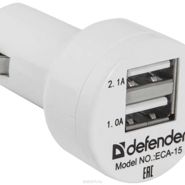 Автомобильное зарядное устройство Defender ECA-15 12/24В 2хUSB, Выходной ток: USB1-1A, USB2-2A, паке