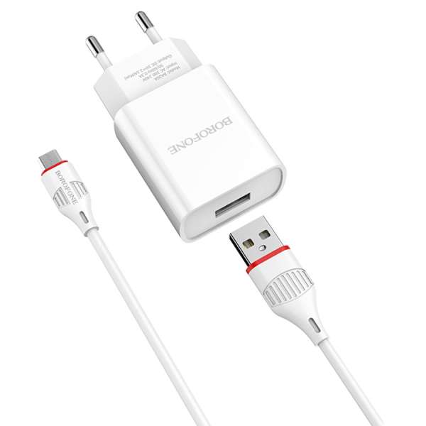 СЗУ Borofone BA20A Sharp 1хUSB, 2,1А, кабель MicroUSB, блистер, белый