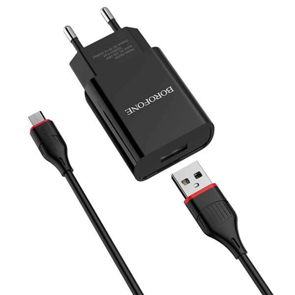 СЗУ Borofone BA20A Sharp 1хUSB, 2,1А, кабель MicroUSB, блистер, черный