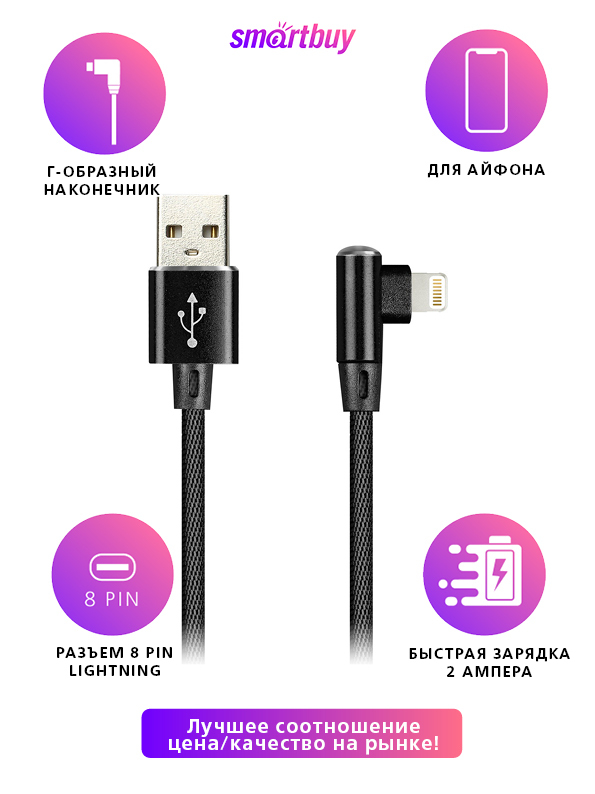 Кабель iPhone 5 SmartBuy ik-512FLL Flow 3D длина 1м, ток до 2А, угловой штекер, нейлон, металл, паке