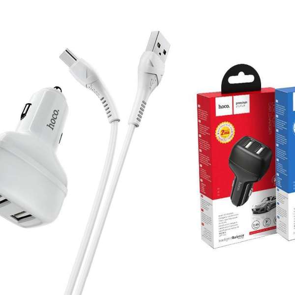 Автомобильное зарядное устройство HOCO Z36 Leader+кабель Type-C 12/24В 2хUSB, Выходной ток: белое