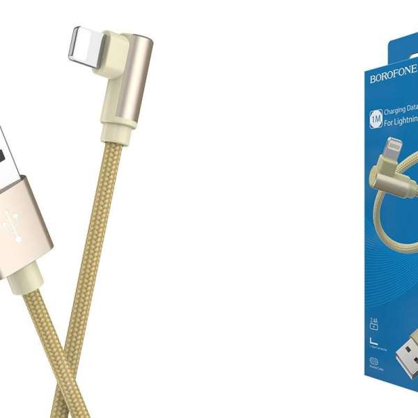 Кабель iPhone 5 Borofone длина 1м, допустимый ток до 2,4А, угловой штекер, коробка, золото (BX26 Exp