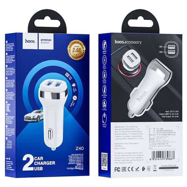 Автомобильное зарядное устройство HOCO Z40 Superior 12/24В 2хUSB, Выходной ток: USB1-2,4A, белое