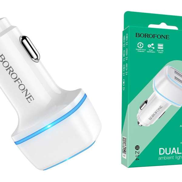 Автомобильное зарядное устройство Borofone BZ14 Max 12/24В 2хUSB, Выходной ток: USB1-2,4A, белое