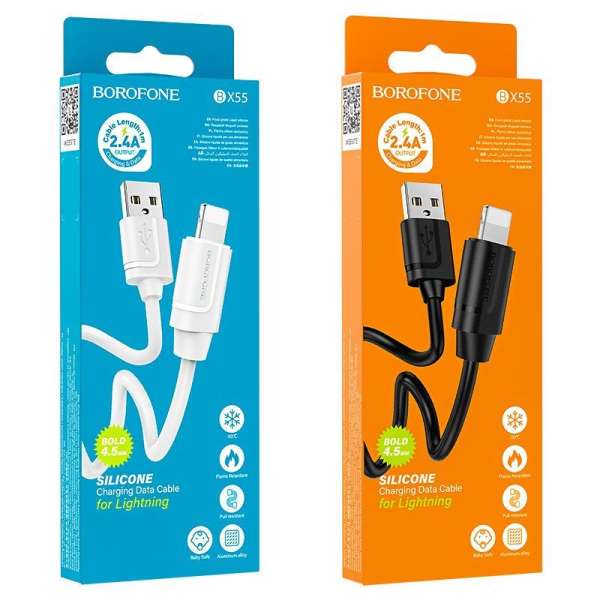 Кабель iPhone 5 Borofone BX55 Harmony длина 1м, ток до 2,4А, огнестойкий пищевой силикон, коробка, б