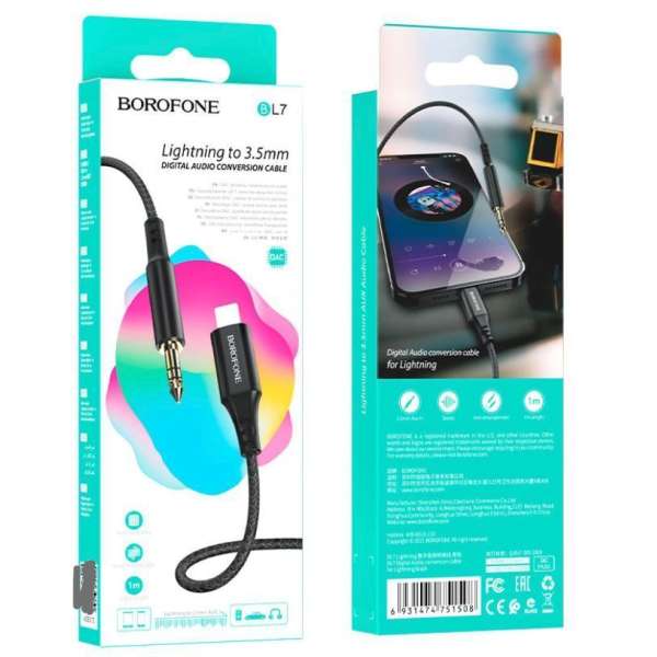 Кабель Borofone BL7 Digital iPhone 5 (Lightning 8 Pin) - Jack 3.5 (M), черный