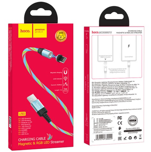 Кабель iPhone 5 HOCO U90 Ingenious streamer длина 1м, ток до 2А, индикатор, магнитный, светящ  синий