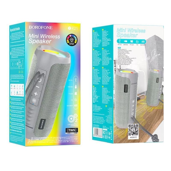 Акустическая система mini MP3 Borofone BR21 10Вт Bluetooth 5.1, MP3, microSD, USB, AUX, TWS серый