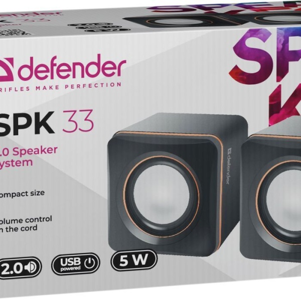 Акустические системы 2.0 Defender SPK 33 2х2,5Вт корпус пластик, питание от USB, 5В, черный/оранжевы