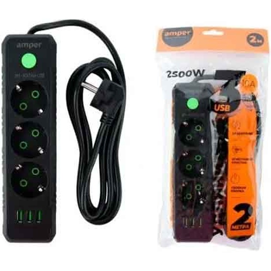 Сетевой удлинитель Amper 3 роз. 2 м. JH-1031U-2B 10 А, 2500 Вт 3х0.75 мм2 3 USB, заземление, черный
