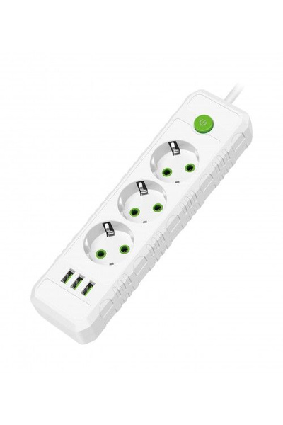 Сетевой удлинитель Amper 3 роз. 4 м. JH-1031U-4W 10 А, 2500 Вт 3х0.75 мм2 3 USB, заземление, белый