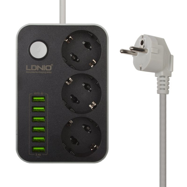 Сетевой фильтр-удлинитель LDNIO, 10A, 2500Вт, 3 розетки, 6 USB, 3.4А, 17Вт, 1,6м SE3631 (чер/бел)
