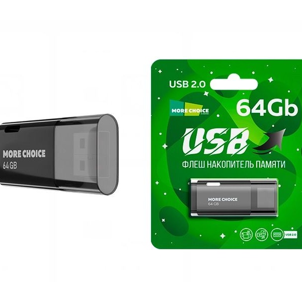 Флэш диск 64 GB USB 2.0 More Choice Mini MF64-2 черный с колпачком