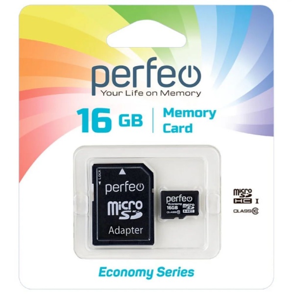 Флэш карта microSDHC 16 GB Perfeo Class 10 с адаптером