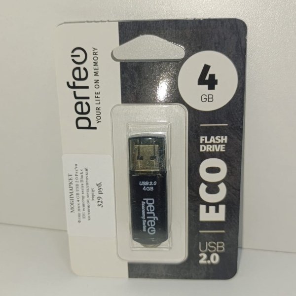 Флэш диск 4 GB USB 2.0 Perfeo E01 economy series Black с колпачком, металлический корпус