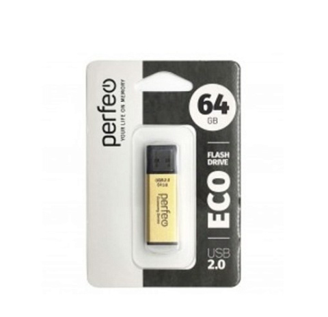 Флэш диск 64 GB USB 2.0 Perfeo E03 economy series Gold с колпачком