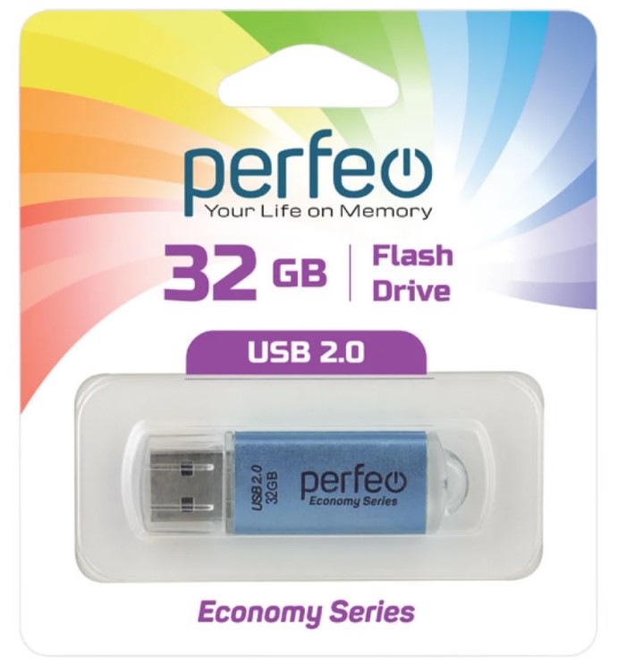 Флэш диск 32 GB USB 2.0 Perfeo E01 economy series Blue с колпачком, металлический корпус