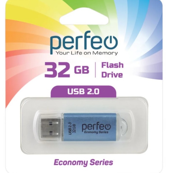 Флэш диск 32 GB USB 2.0 Perfeo E01 economy series Blue с колпачком, металлический корпус