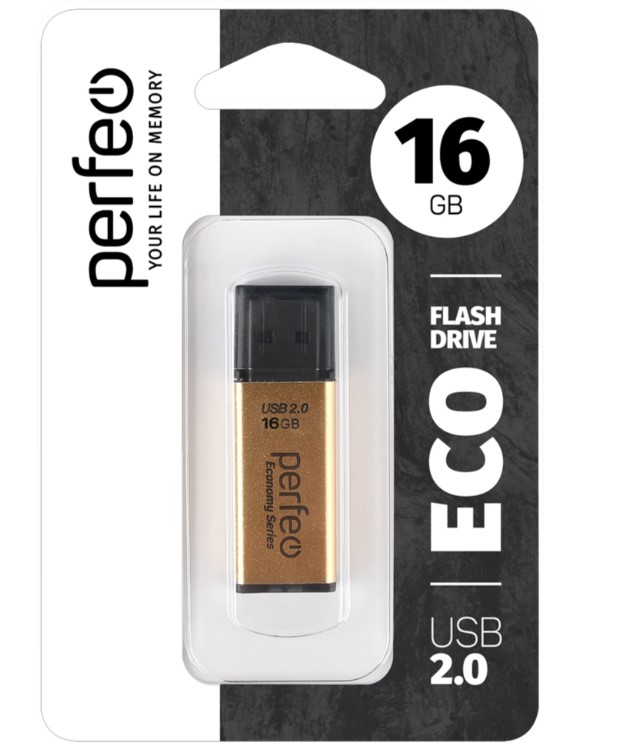 Флэш диск 16 GB USB 2.0 Perfeo E03 economy series Gold с колпачком
