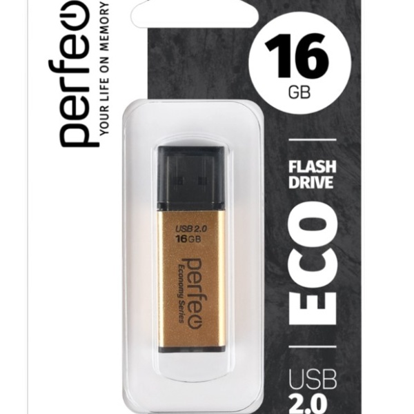 Флэш диск 16 GB USB 2.0 Perfeo E03 economy series Gold с колпачком