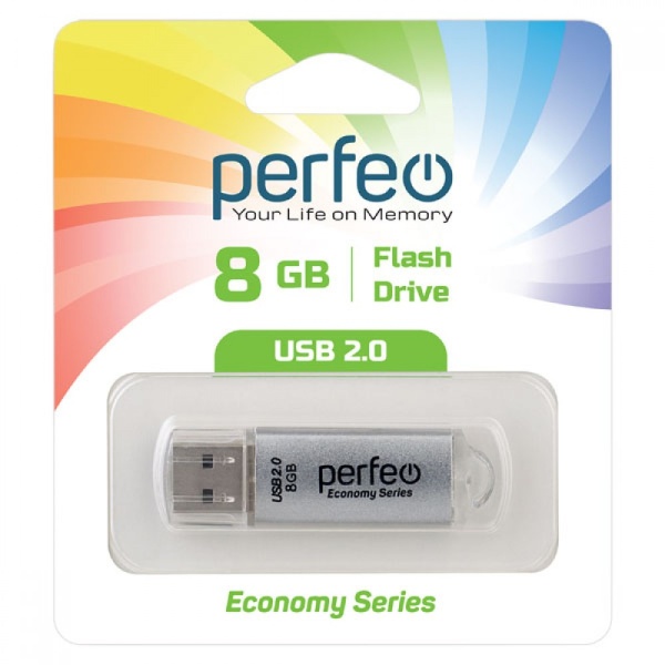 Флэш диск 8 GB USB 2.0 Perfeo E01 economy series Silver с колпачком, металлический корпус