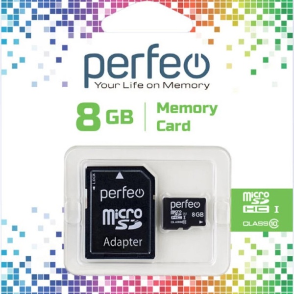 Флэш карта microSDHC 8 GB Perfeo Class 10 с адаптером