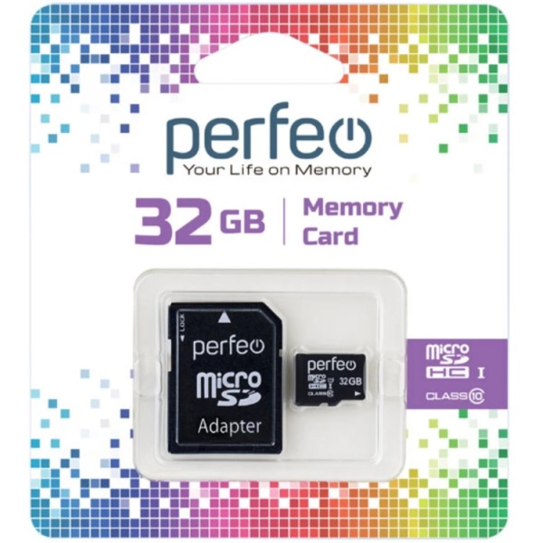 Флэш карта microSDHC 32 GB Perfeo Class 10 с адаптером