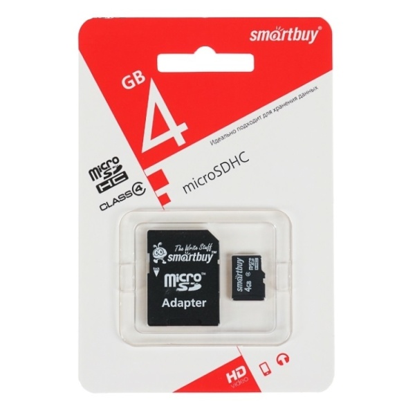 Флэш карта microSDHC 4 GB SmartBuy Class 10 с адаптером