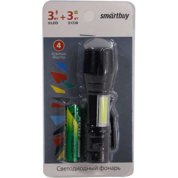 Фонарь SmartBuy SBF-104 1х3W+1х3W (COB) 1 х AA, металлическ корпус, максимальный световой поток : 15