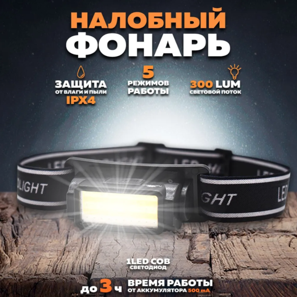 Фонарь налобный Патриот PT-FLG48A 1 светодиод COB аккум, пластик, шнур для зарядки