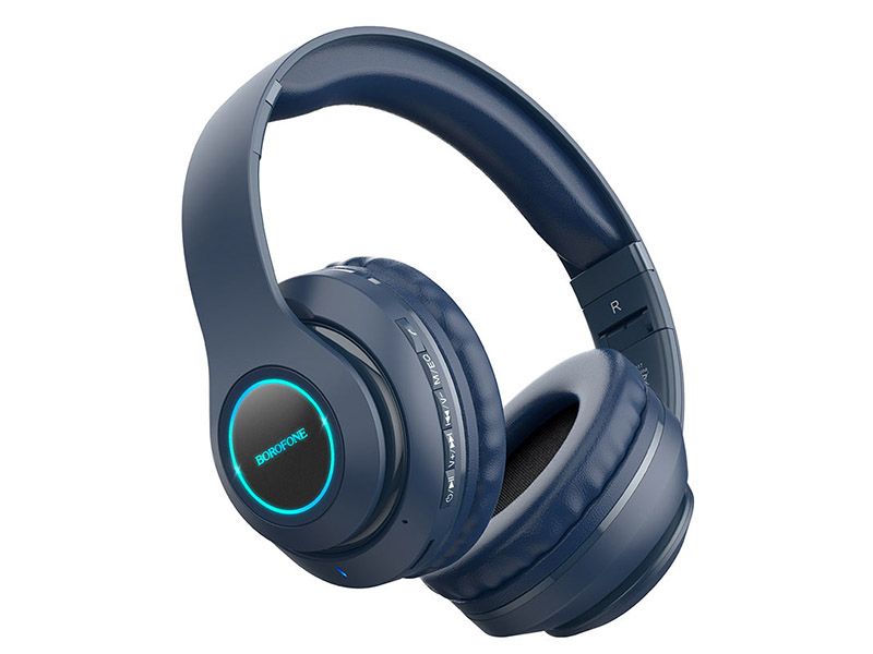 Наушники беспроводные Borofone BO17 накладные, Bluetooth, подсветка, синий коробка