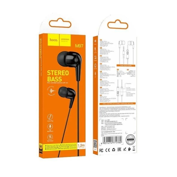 Наушники с микрофоном HOCO M97 Enjoy внутриканальные, кабель 1,2м, 3,5мм 4-pin Jack, кнопка вызова, 