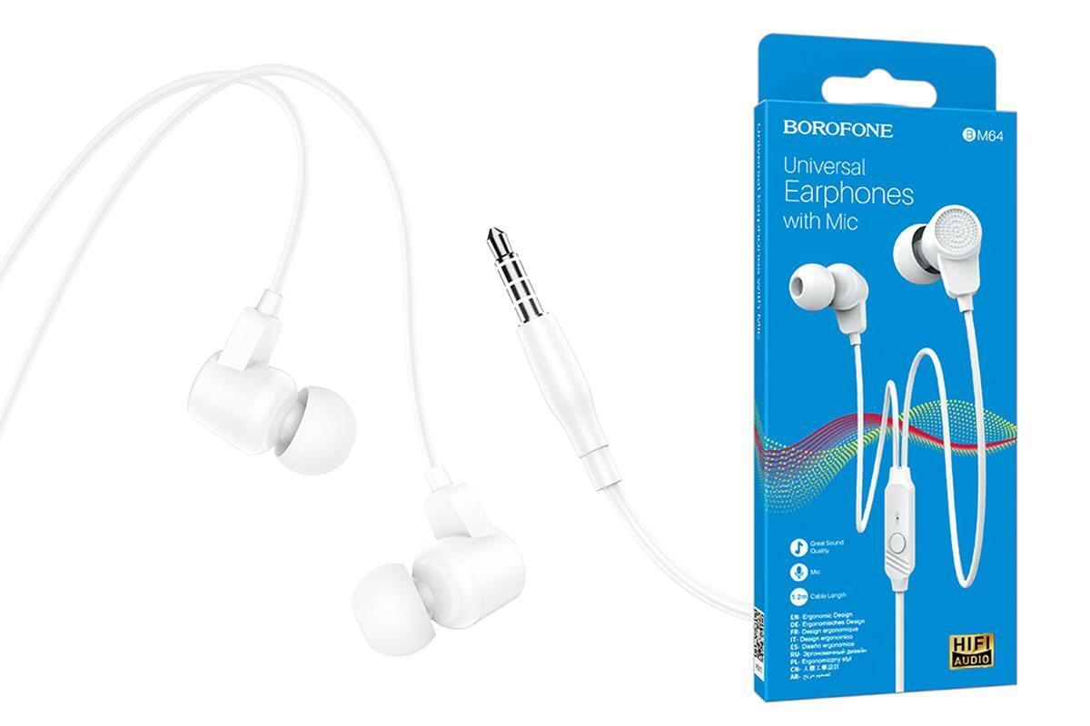 Наушники с микрофоном Borofone BM64 внутриканальные, кабель 1,2м, 3,5мм 4-pin Jack, кнопка белый