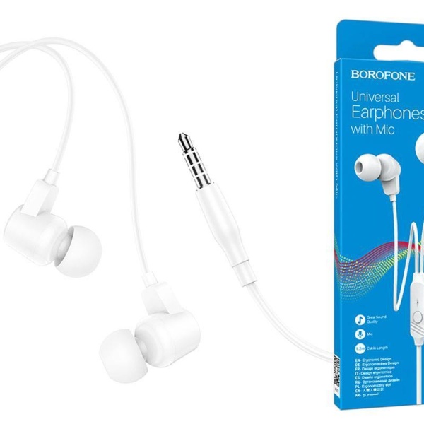 Наушники с микрофоном Borofone BM64 внутриканальные, кабель 1,2м, 3,5мм 4-pin Jack, кнопка белый