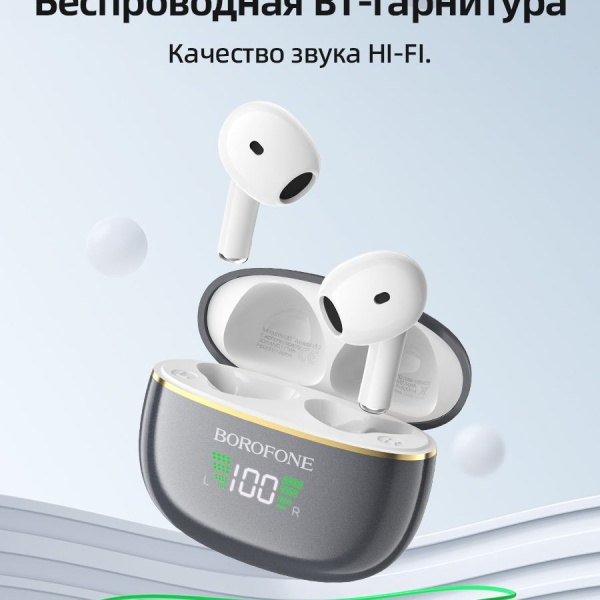Наушники беспроводные Borofone BW30 внутриканальные, Bluetooth V5.3, кейс для хранения и серебро