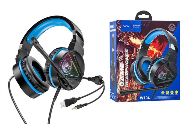 Наушники с микрофоном HOCO W104 Drift полноразмерные, кабель 2,4м, 3.5мм Jack + USB, регулятор синий