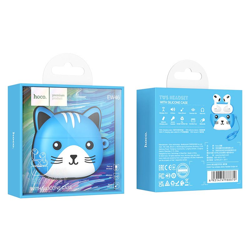 Наушники беспроводные HOCO EW46 Dodge Cat вкладыши, Bluetooth V5.3 кейс для хранения и зарядки синий