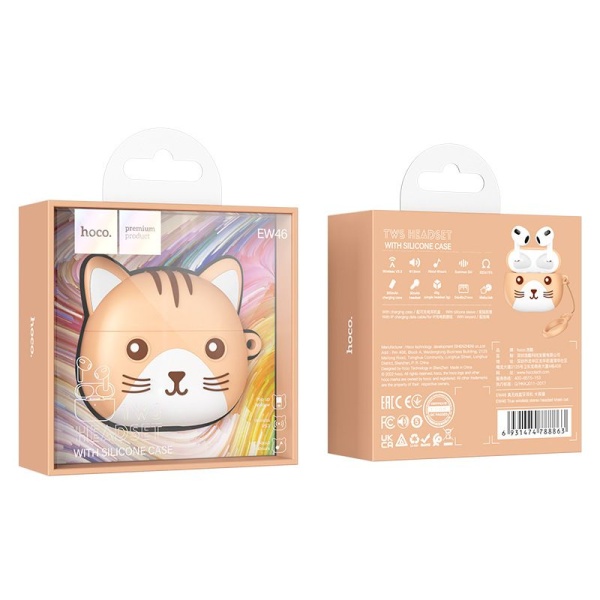 Наушники беспроводные HOCO EW46 Khaki Cat вкладыши, Bluetooth V5.3 кейс для хранения и коричневый