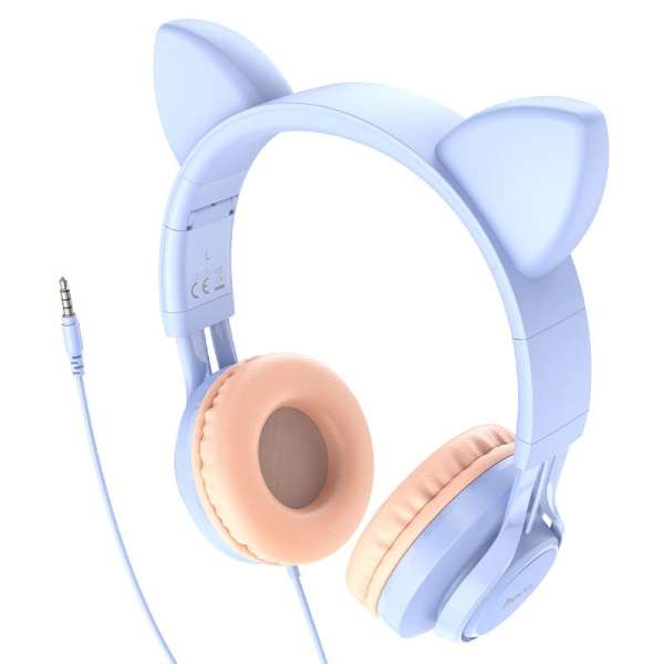 Наушники с микрофоном HOCO W36 Cat ear полноразмерные, кабель 1,2м, 3,5мм 4-pin Jack, кнопка голубо,